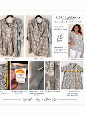 C&C California 100% Linen Hooded Camo Tunic Top Grey White 2X